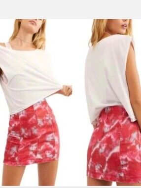Free People Modern Femme Tie Dye Denim Mini Skirt Size 2 Flamingo Flame